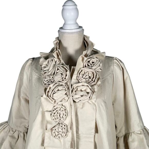 Ryu VTG Jacket Trench Coat Womens Med Cream Ruffles Lined Rosettes Boho NWOT - Picture 2 of 5
